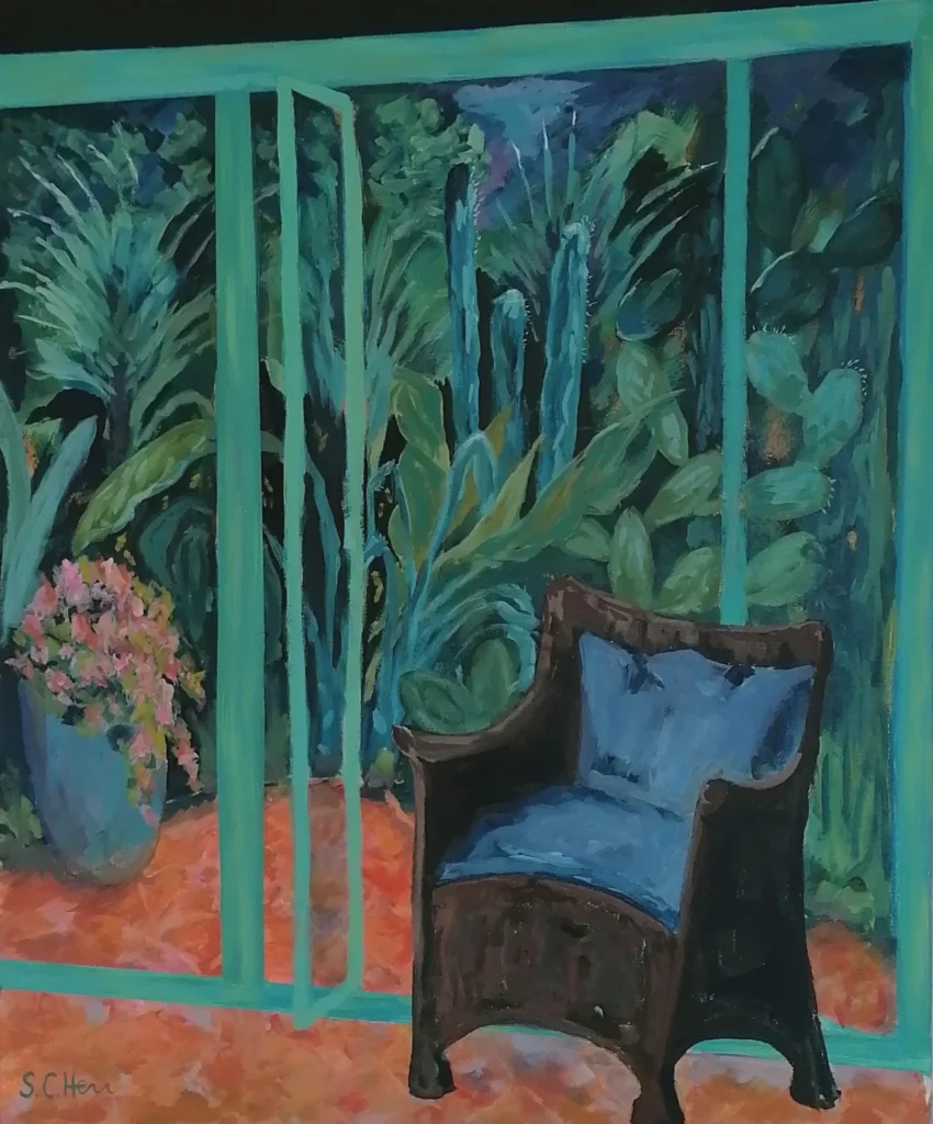 01 Sylvia Catharina Hess Blaue Stunde Zyklus Zerbrechliche Paradiese Serie Fensterblicke 2024 Acryl auf LW 65 x 54 cm