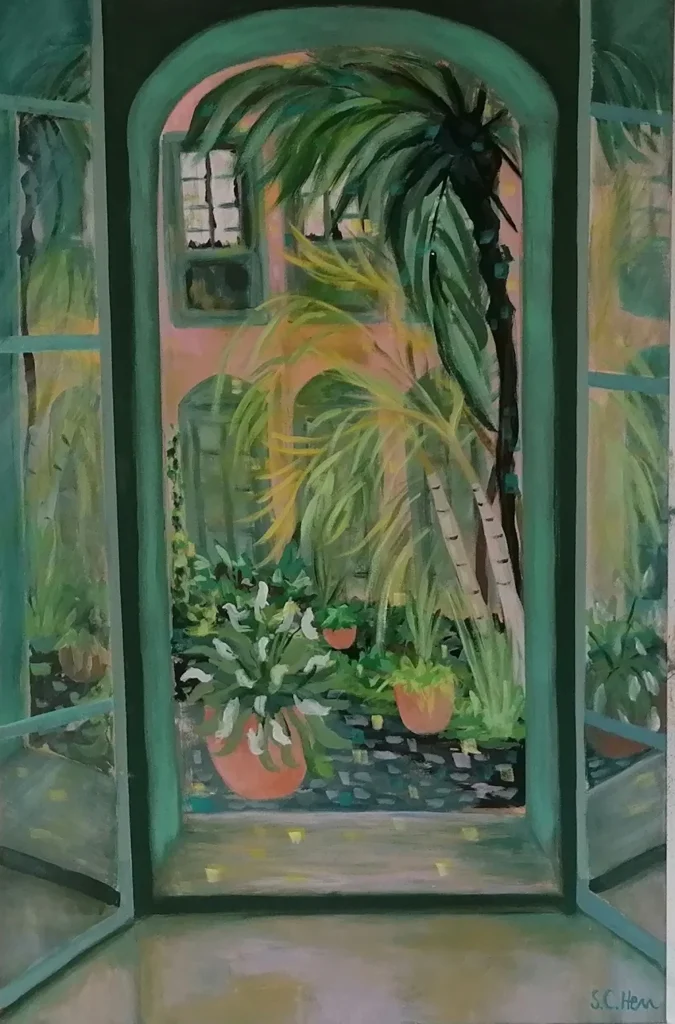 03 Sylvia Catharina Hess IEin stiller Patio Zyklus Zerbrechliche Paradiese Serie Fensterblicke 2024 Acryl auf LW 92 x 60 cm