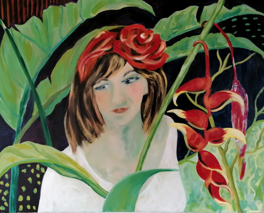 03 Sylvia Catharina Hess Ich warte auf dich im Garten 2023 Zyklus Zerbrechliche Paradiese Acryl auf LW 73 x 92 cm, verkauft