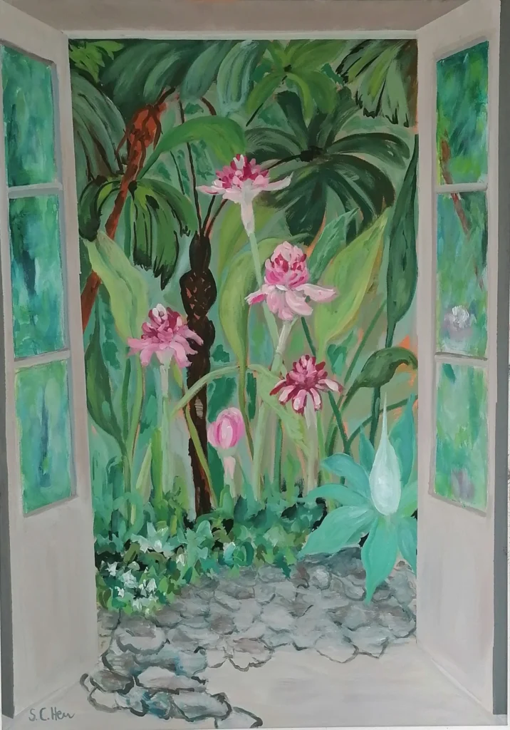04 Sylvia Catharina Hess Das vergessene Haus Zyklus Zerbrechliche Paradiese Serie Fensterblicke 2024 Acryl auf LW 92 x 65 cm