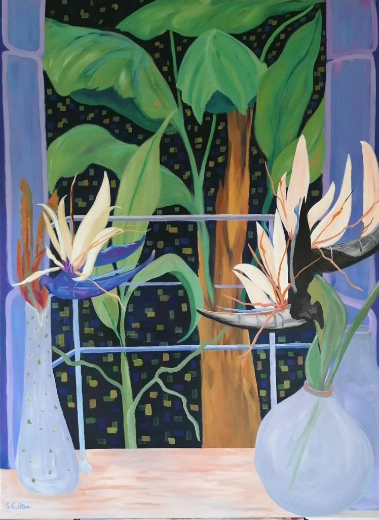 05 Sylvia Catharina Hess Stillleben mit Baumstrelizien Zyklus Zerbrechliche Paradiese Serie Fensterblicke 2024 Acryl auf LW 130 x 97 cm verkauft