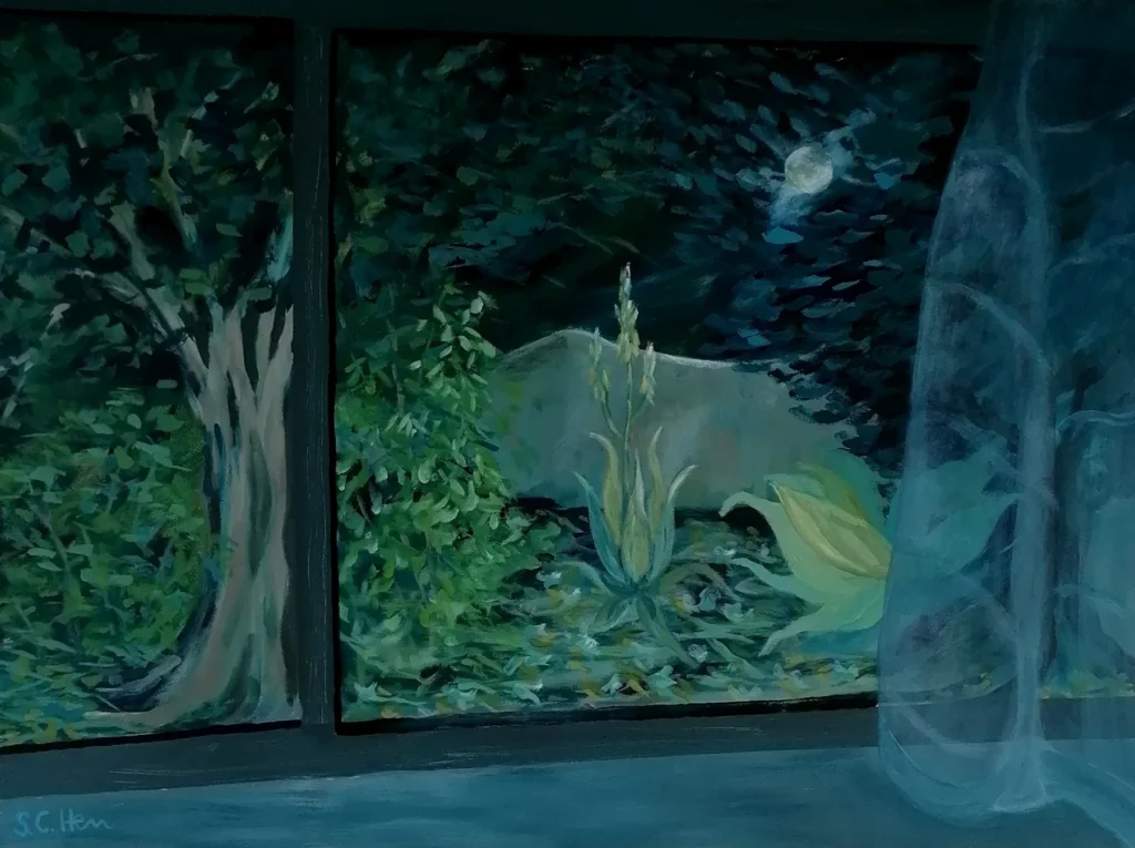 06 Sylvia Catharina Hess Stille Nacht in La Punta Zyklus Zerbrechliche Paradiese Serie Fensterblicke 2024 Acryl auf LW 54 x 73 cm