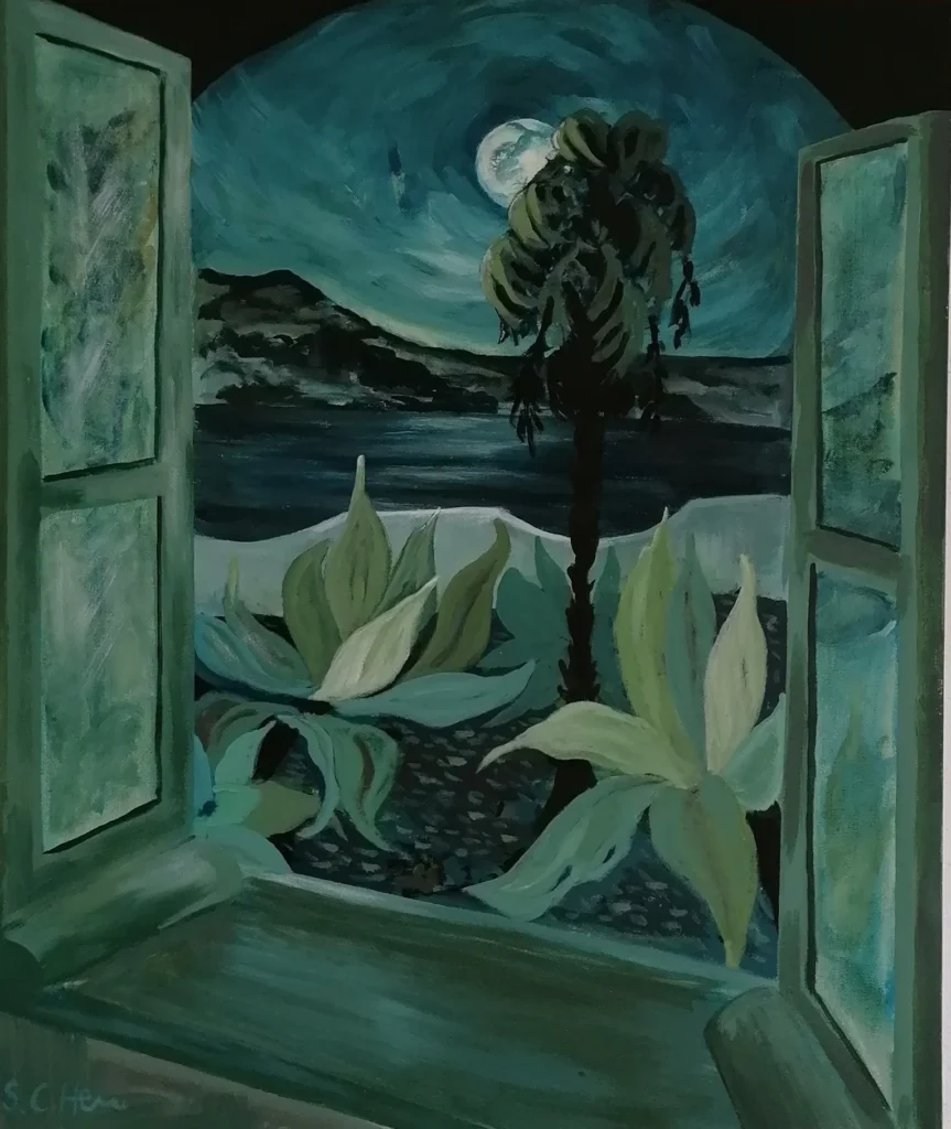 07 Sylvia Catharina Hess Mondsüchtig Zyklus Zerbrechliche Paradiese Serie Fensterblicke 2024 Acryl auf LW 65 x 54 cm