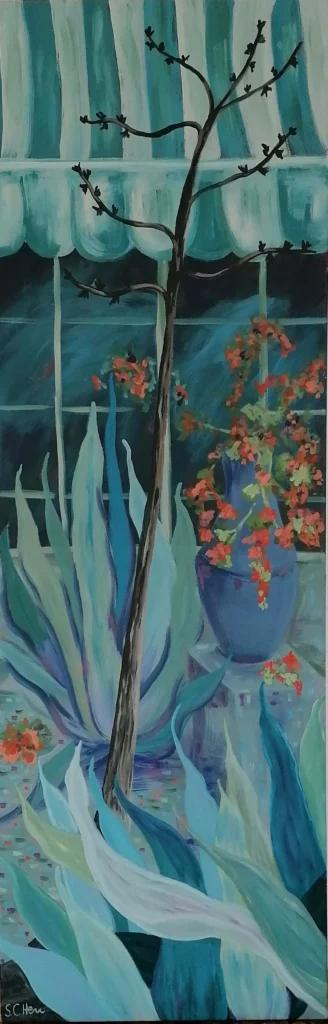 08 Sylvia Catharina Hess Inselnachmittag Zyklus Zerbrechliche Paradiese Serie Fensterblicke 2024 Acryl auf LW 150 x 50 cm