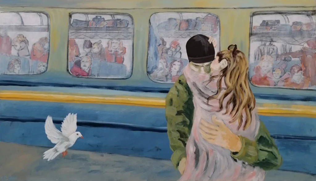 14 Sylvia Catharina Hess, Bahnsteig 2, Zyklus Tránsito II, Zeitenwende, Kohle und Acryl auf LW., 70 x 120 cm